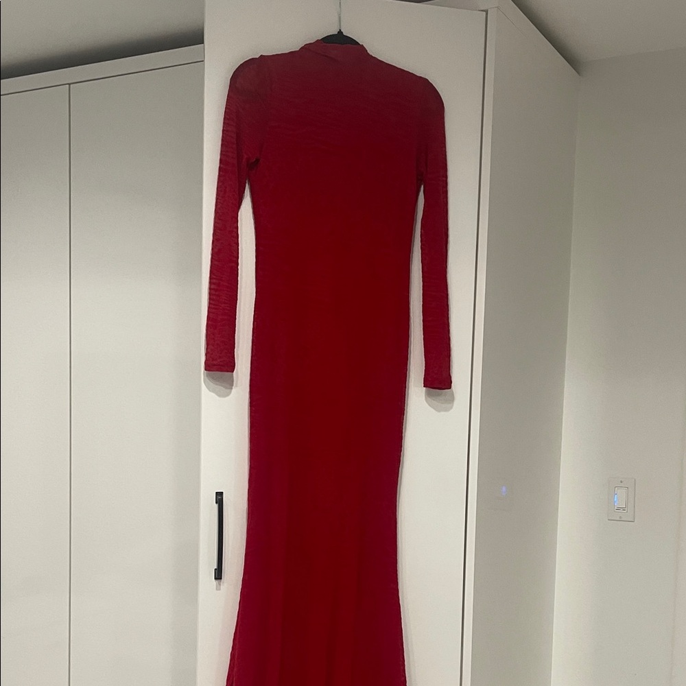 Long-Sleeve Red Maxi Dress with High Neck